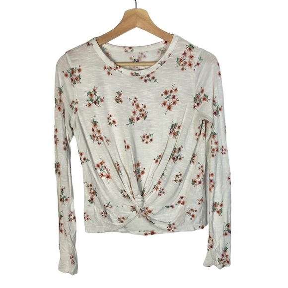 SO White Pink Floral Twist Front Long Sleeve Top XS - Picture 1 of 3